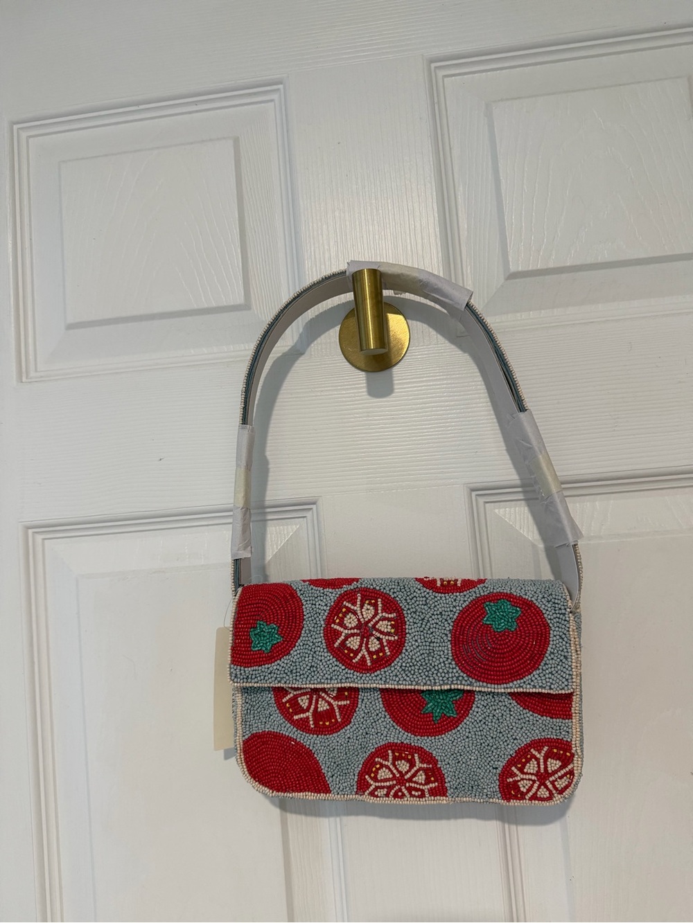 Anthropologie Red and Gray Beaded Shoulder Bag